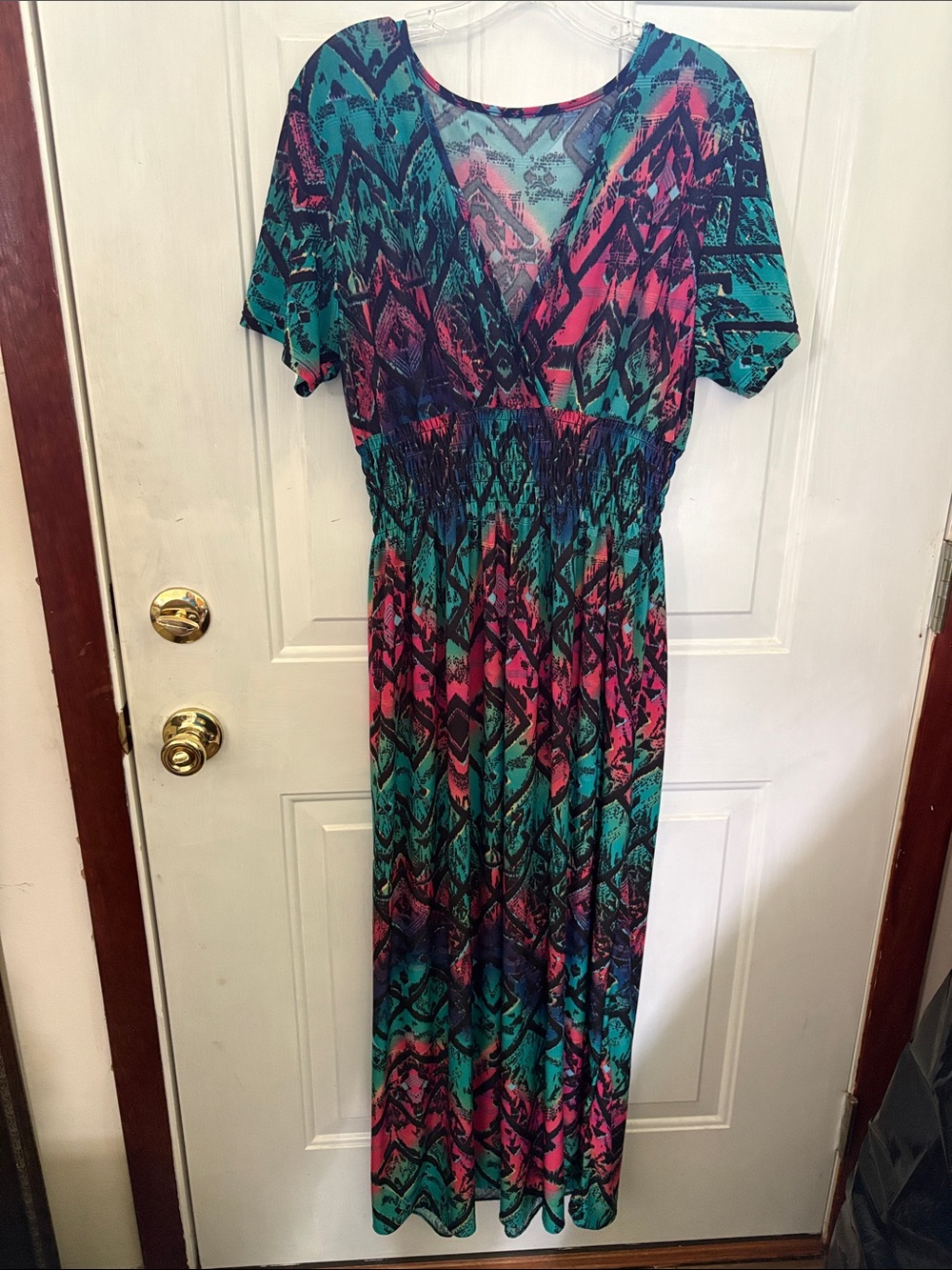 Chevron Maxi Dress in Teal & Pink